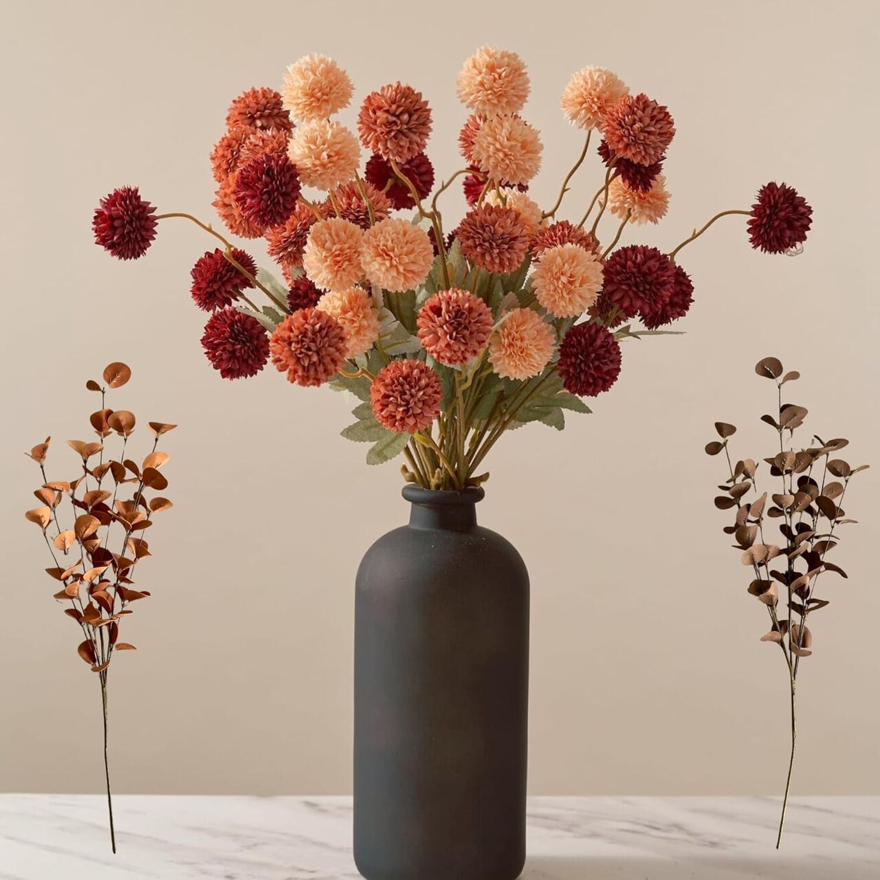 Fall Artificial Flowers Burnt Orange Kiku Eucalyptus Stems Faux Mums Floral Centerpiece Vase Arrangement Autumn Home Table Decor Bulk Bouquet